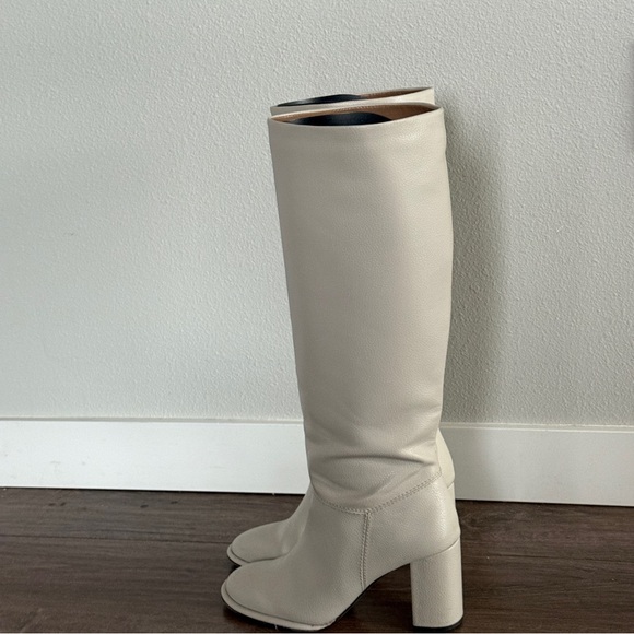 Cream knee high heel boots with rounded toe and wide calf - Picture 5 of 9